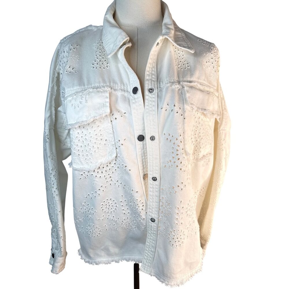 ZARA Eyelet Embroidered Small White Outerwear Snap Button Jean Jacket